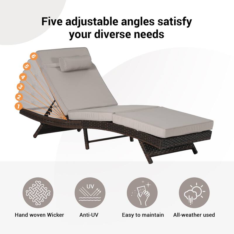 2 Piece Outdoor Wicker Long Reclining Chair Set, Sunbathing Recliner for Beach Poolside Garden