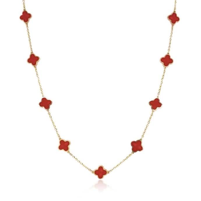 Italian Gold14K Yellow Gold Clover Station Necklace - Made In Italy 7mm Clover 16-18 Inch Chain 2.60 grams - Red