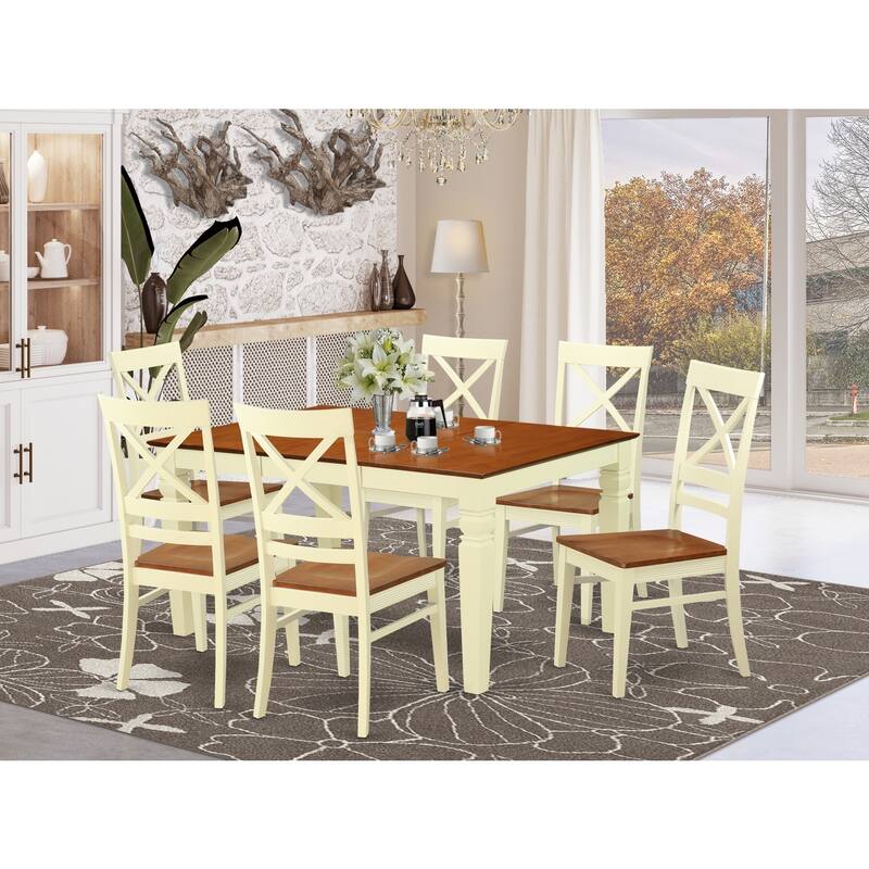 HomeStock 7-Piece Buttermilk and Cherry Finish Solid Wood Top Dining Table with 6 Chairs with Lattice Back