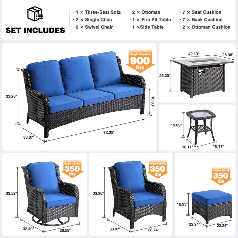 OVIOS 9-piece Patio Wicker Swivel Rocking Chair Set With Fire Pit