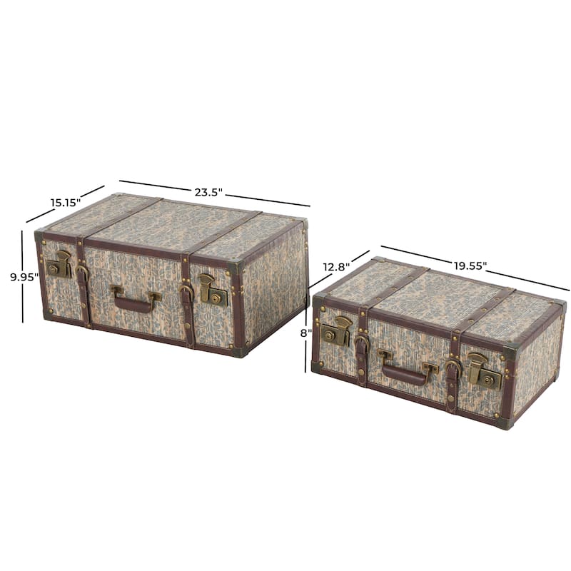 Blue Wooden Vintage Storage Floral Decorative Trunk with Brown Leather Accents and Gold Studs (Set of 2)