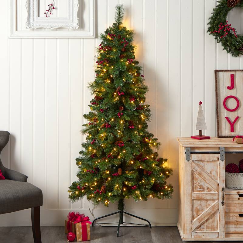 6' Flat Back Montreal Mountain Pine Artificial Christmas Tree with Pinecones, Berries and 150 Warm