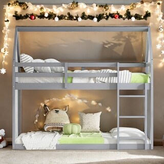 Low Height Design Twin over Twin Floor Bunk Bed Kids Bed with Ladder,Guardrails