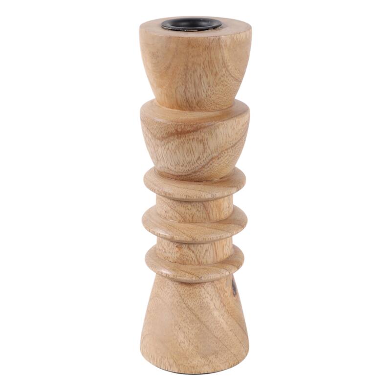 Mango Wood Modern Totem Carved Taper Holder - Tan