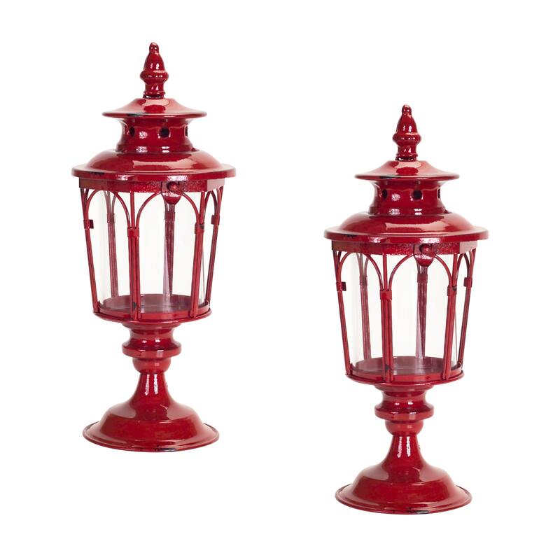 Set of Two Red Glass and Metal Distressed Tabletop Lantern Candle Holders - One Size