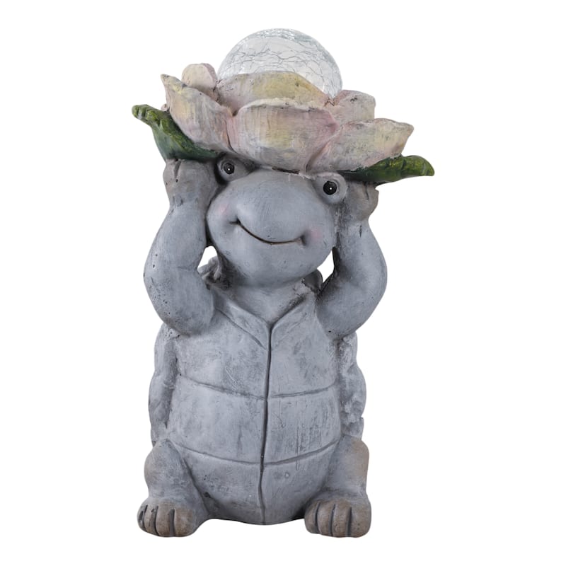 Magnesia Garden Statuary Turtle with Flower and Globe Light - 15" Gray - Gray - Medium - Ceramic