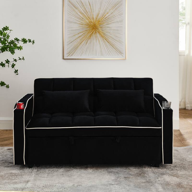 Convertible Sleeper Sofa Bed Pull Out Couch Futon Loveseat Velvet Chaise Lounge with 2 Pockets & USB Port, Foldable Sleeper Sofa