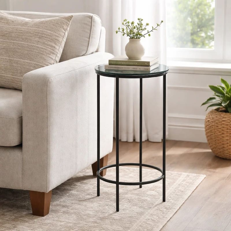 Hex Accent Table, 12 Inch Round Recycled Glass Top, Black Iron Frame