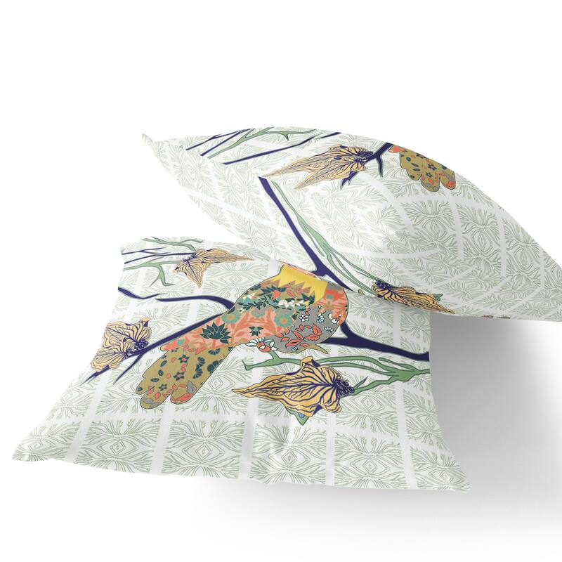 HomeRoots Set of Two 16" X 16" Green and White Bird Blown Seam Floral Indoor Outdoor Throw Pillow - 16.00' X '16.00' X '5.00