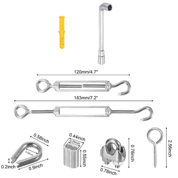 slide 3 of 7, 6Pcs M5 Turnbuckle Tension with Eye Hook Wire Clips Thimble Stainless Steel Kit Silver