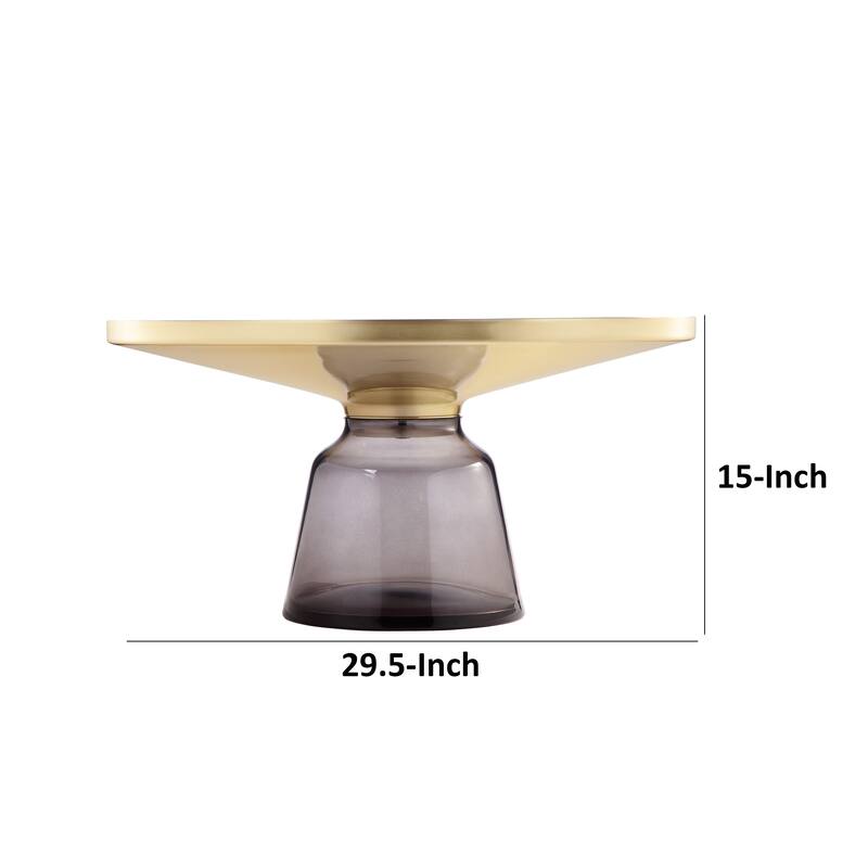 Len 30 Inch Coffee Table, Gray Blown Glass Bell Base, Funnel Top Gold Steel