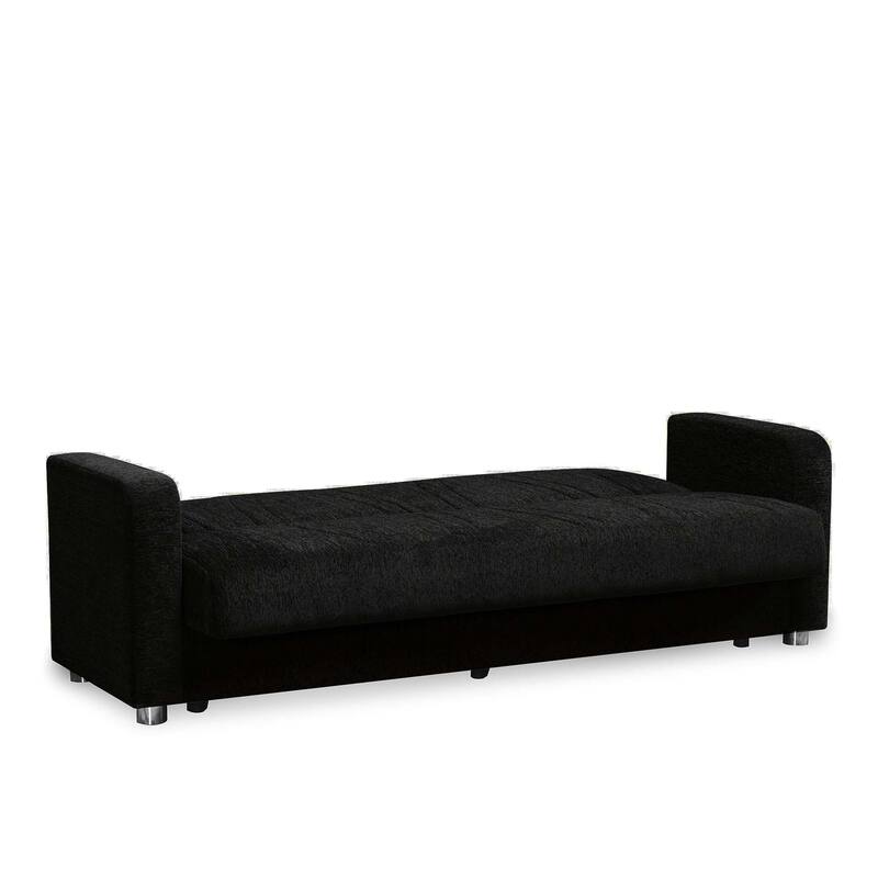 HomeRoots 87" Black Chenille Convertible Futon Sleeper Sofa And Toss Pillows With Storage