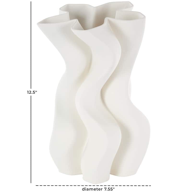 White Ceramic Ribbed Dimensional Wavy Abstract Vase with Floral Shaped Rim