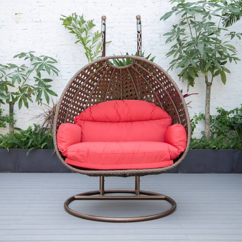 LeisureMod Mendoza Dark Brown 2 Seater Wicker Patio Hanging Double Swing Chair for Patio Porch Backyard Garden - 53"