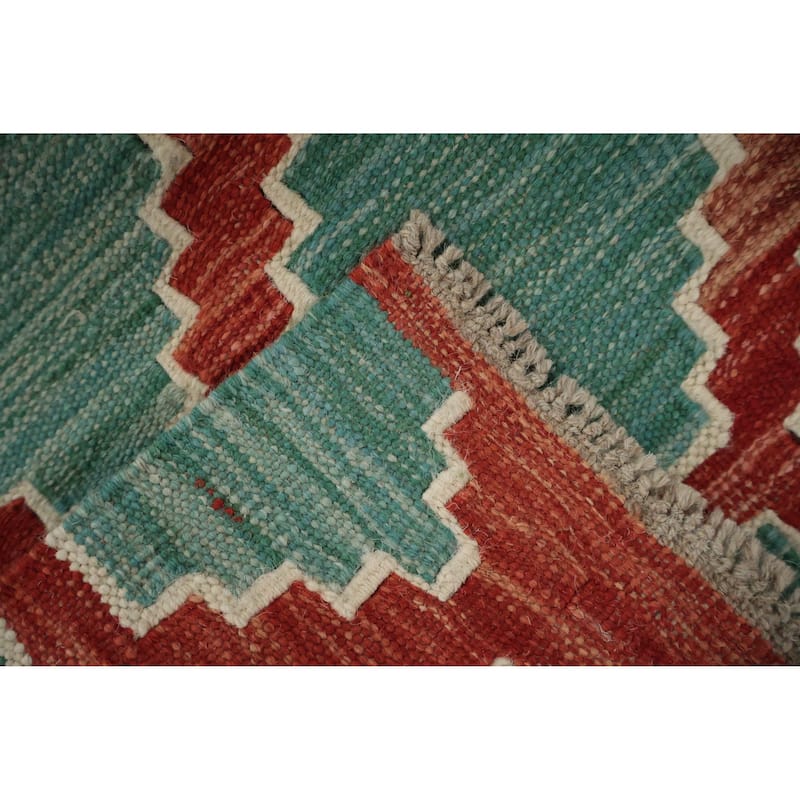 Hand Woven Oriental 100% Wool Carpet Southwestern All-Over Green Kilim Runner Rug - 9' 8'' X 2' 7''