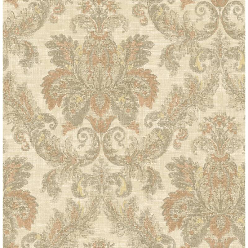 Seabrook Designs Rosita Acanthus Damask Unpasted Wallpaper - 20.5 in. W x 33 ft. L - Metallic Parchment & Peach