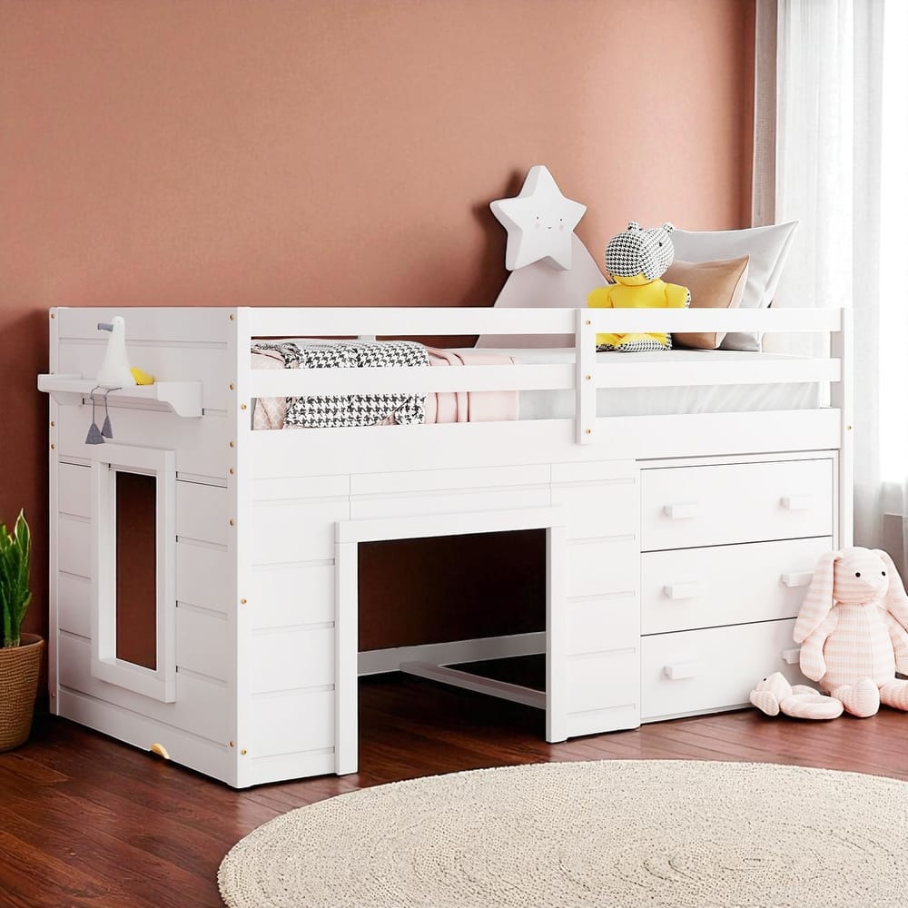 Twin Size Loft Bed with Built-in Cabinet and Shelf, Wooden Low Loft Bed with Guardrails, No Box Spring Needed