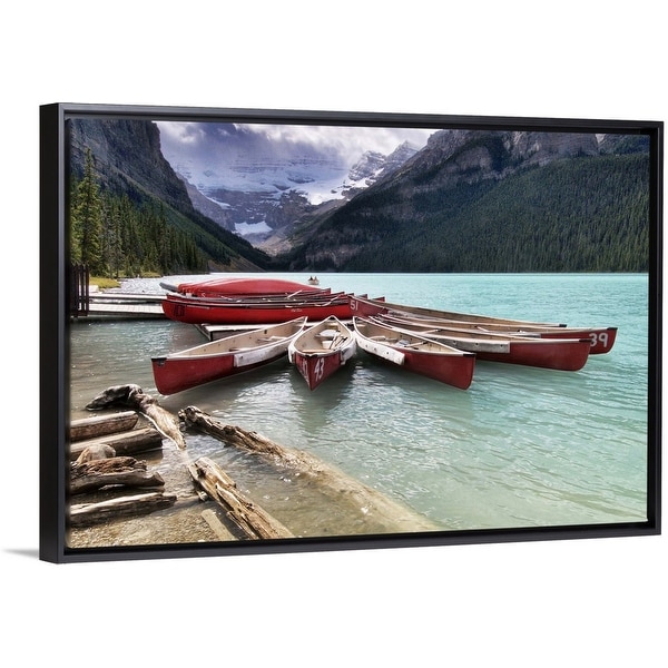 Shop &quot;Lake Louise canoe rental, Canada&quot; Black Float Frame Canvas Art - Overstock - 25500586