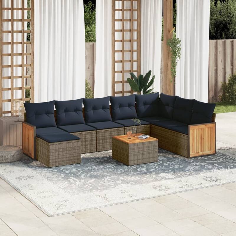 vidaXL 9 Piece Patio Sofa Set with Cushions Gray Poly Rattan - 161.6x27.2x116.0