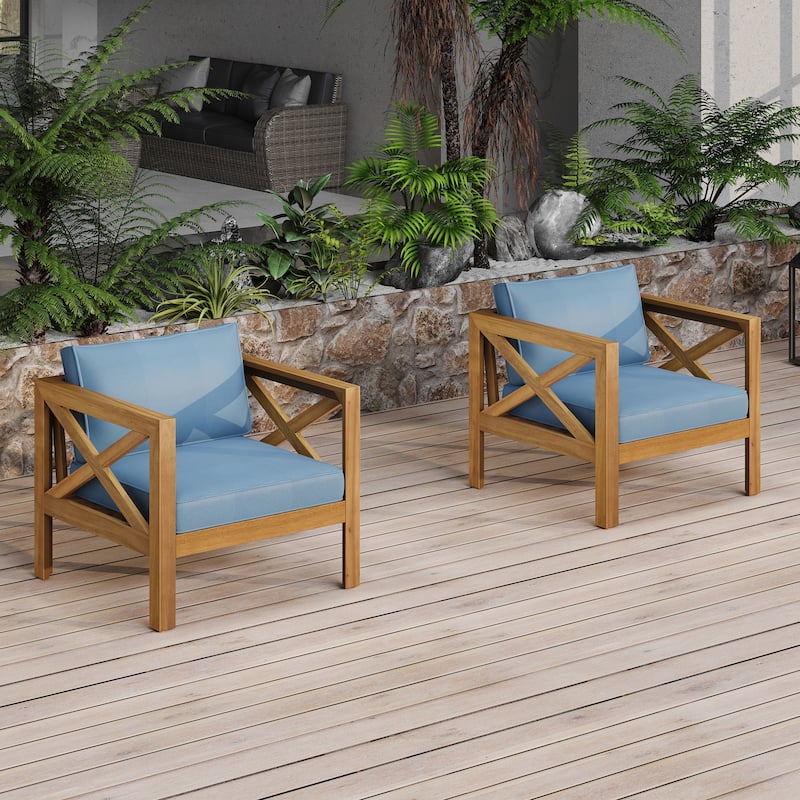 Outdoor Acacia Wood Club Wooden Armchair with Cushions Set of 2 - Blue and Teak
