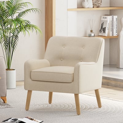 Fabric Upholstered Armchair, Button Tufted Lounge Reading Chair, Sofa Chair with Solid Wood Legs for Living Room, Bedroom