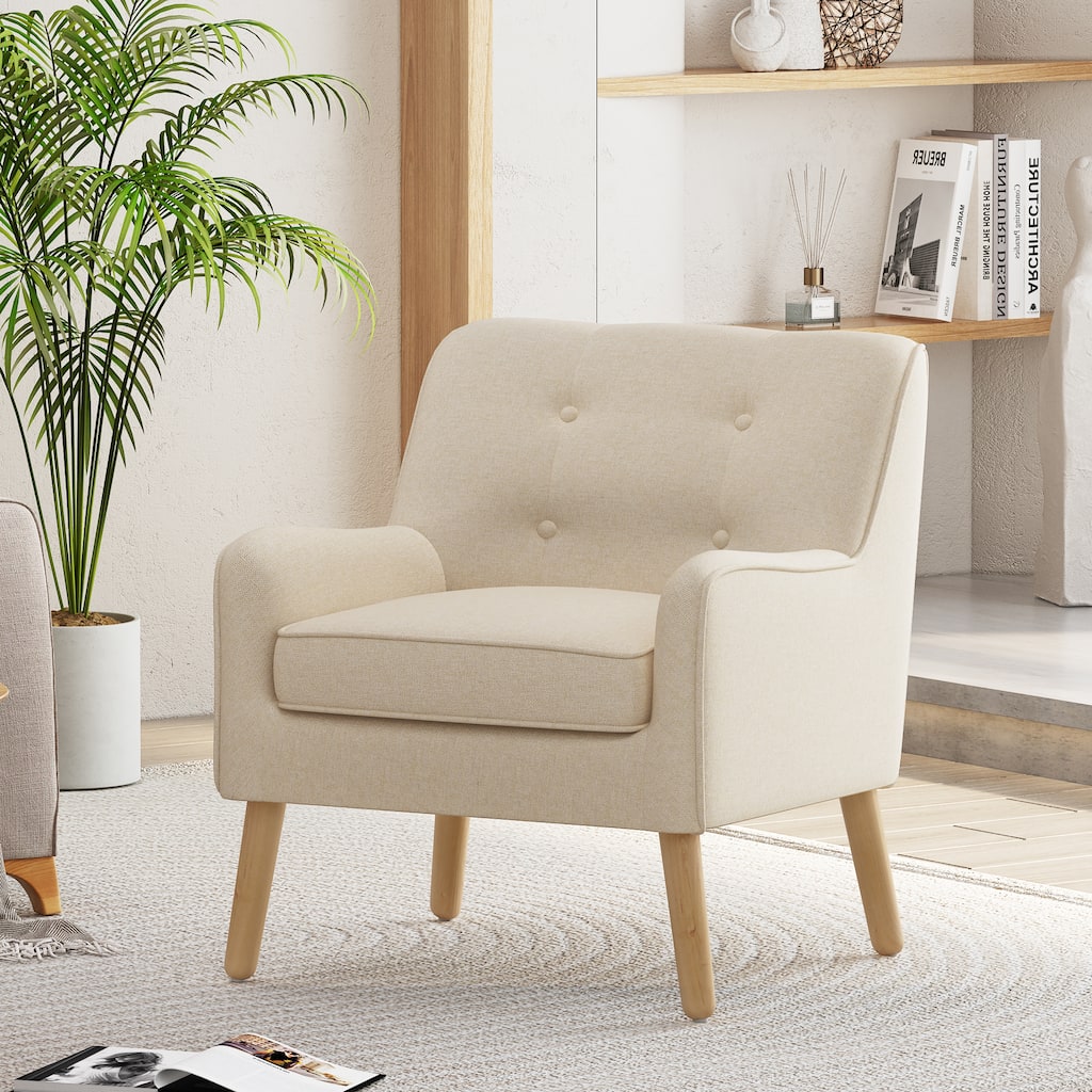 Fabric Upholstered Armchair, Button Tufted Lounge Reading Chair, Sofa Chair with Solid Wood Legs for Living Room, Bedroom