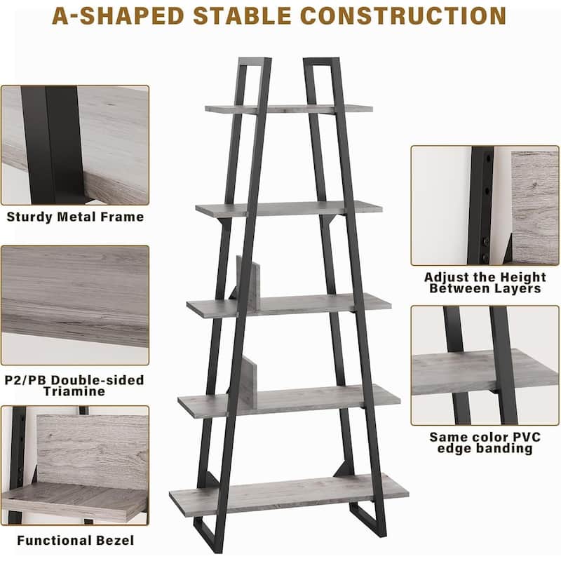 5-Tier Metal Ladder Bookshelf, Rustic Bookcase with Open Display Shelves