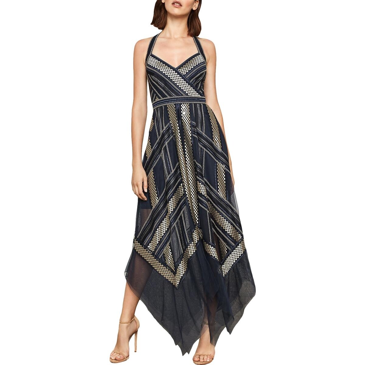 bcbg metallic stripe pleated gown