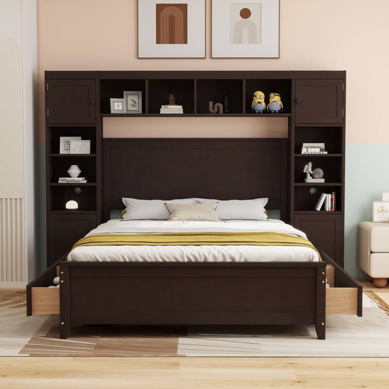 Modern Platform Bed with Integrated Cabinet, Trundle Bed and Drawers - Espresso - Full