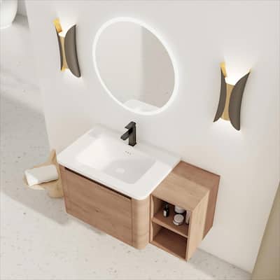 40'' Wall-Mounted Bathroom Vanity with White Ceramic Sink and Storage Shelves & 1-Soft-Close Door, KD-Packing, Plywood