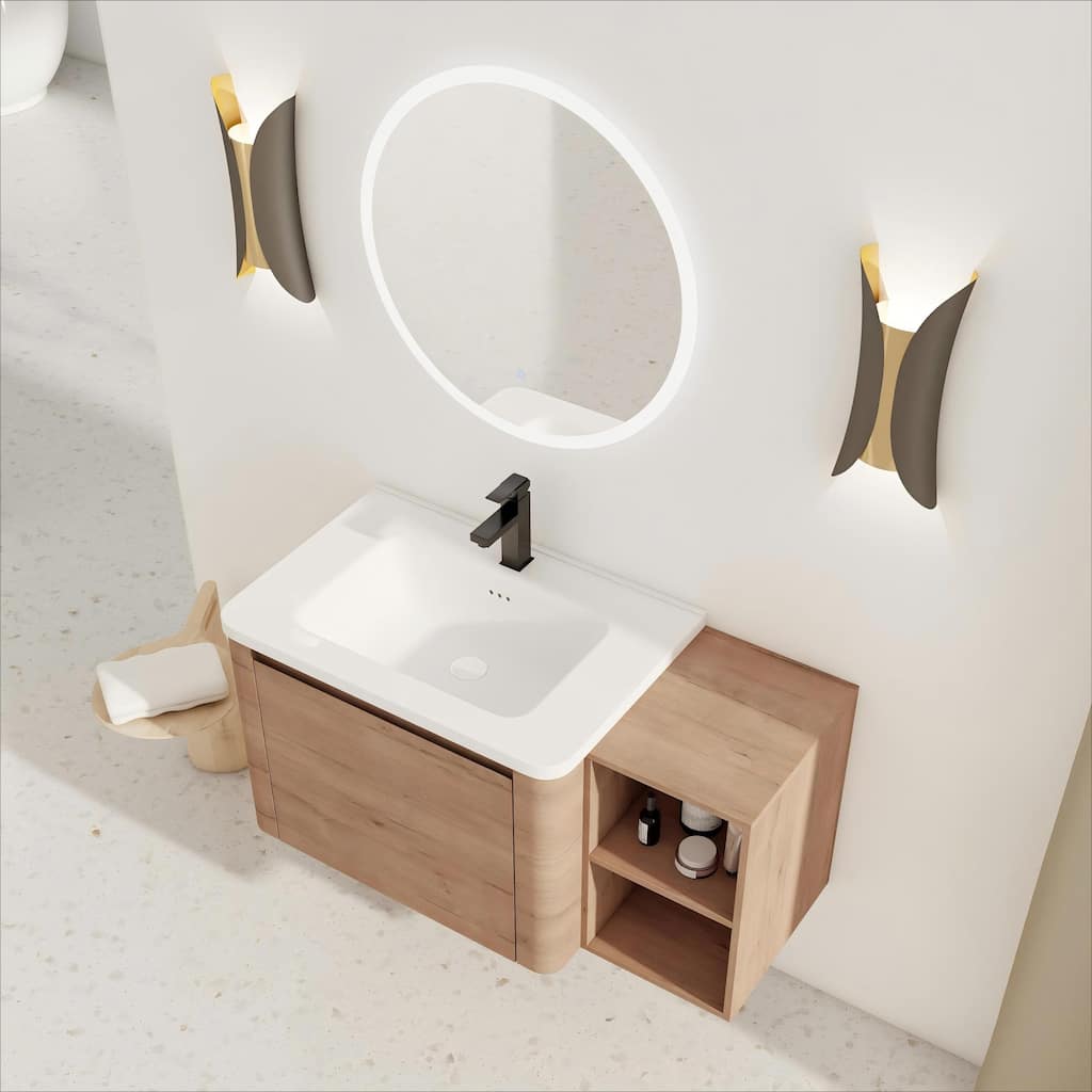 40'' Wall-Mounted Bathroom Vanity with White Ceramic Sink and Storage Shelves & 1-Soft-Close Door, KD-Packing, Plywood