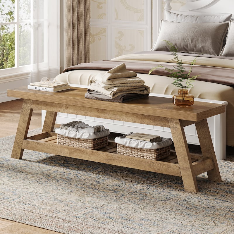 55" Entryway Bench with Shoe Storage, Large 2-Tier Foyer Bench