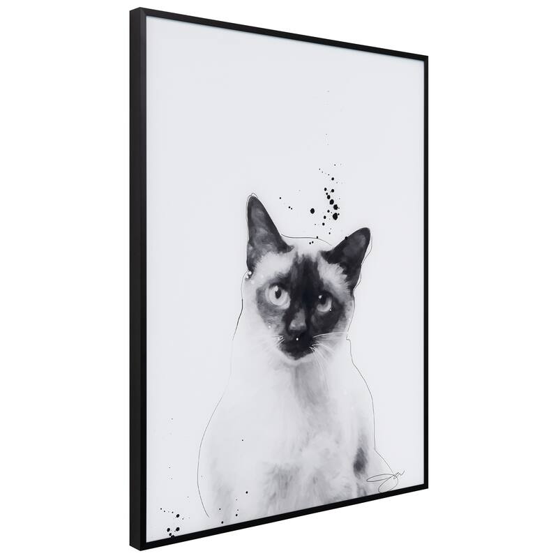 "Siamese" Black and White Pet Portraits on Reverse Printed Art Glass, Minimally Encased on Black Anodized Aluminum Frame