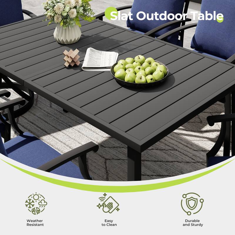 IvyGlow 7-Piece Black Metal Patio Dining Set with Rectangular Table and Gray Cushions
