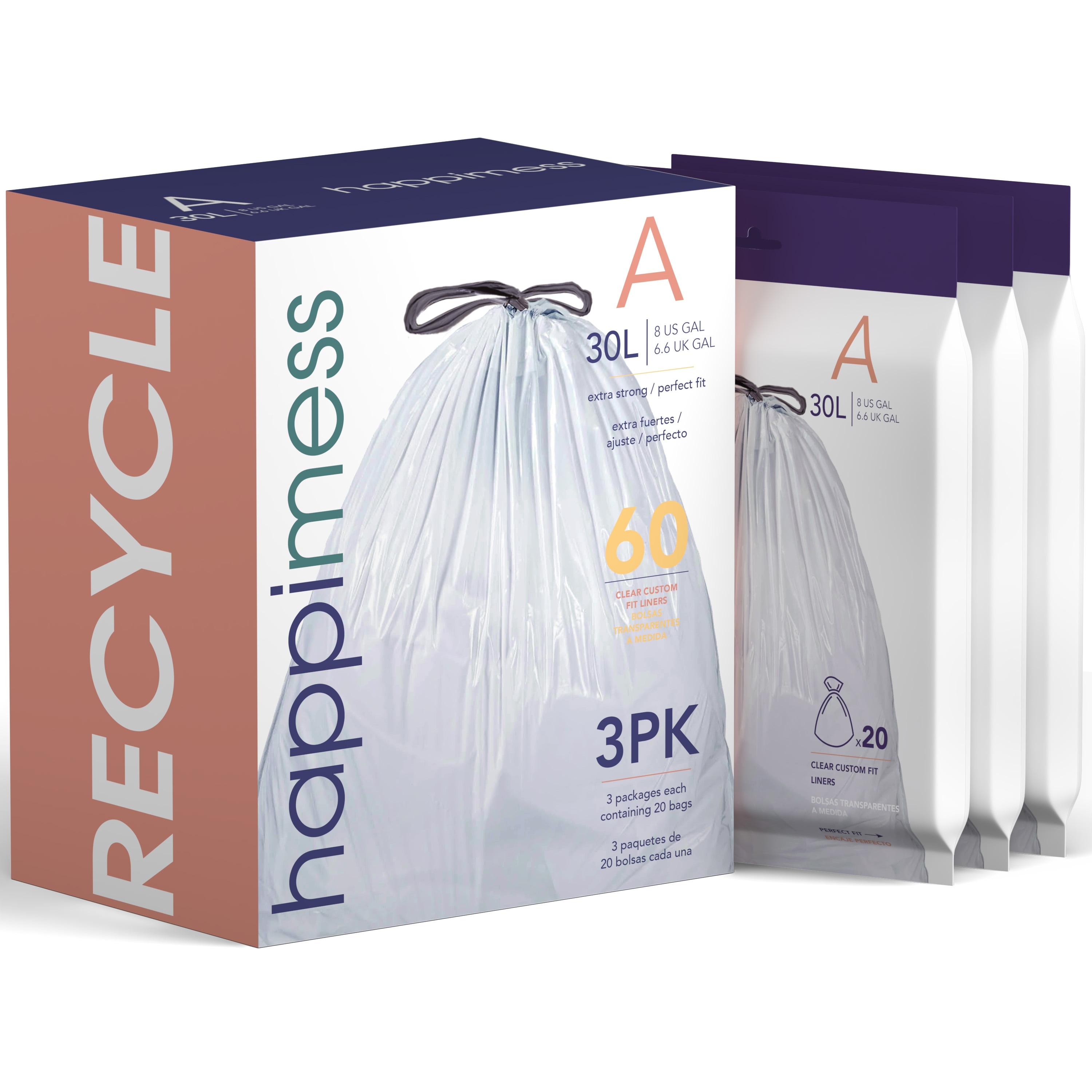happimess 8-Gallon (30L) Drawstring Trash Can Liner, Clear (60-Count, 3-Packs of 20 Liners)