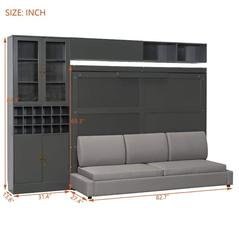 Queen Size Murphy Bed Wall Bed with Sofa ,Shelves USB & Light