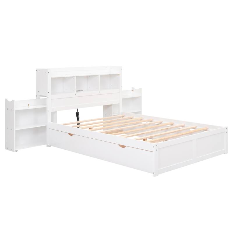 Full Size Storage Platform Bed with Pull Out Shelves, Twin Trundle, and 2 Drawers in White