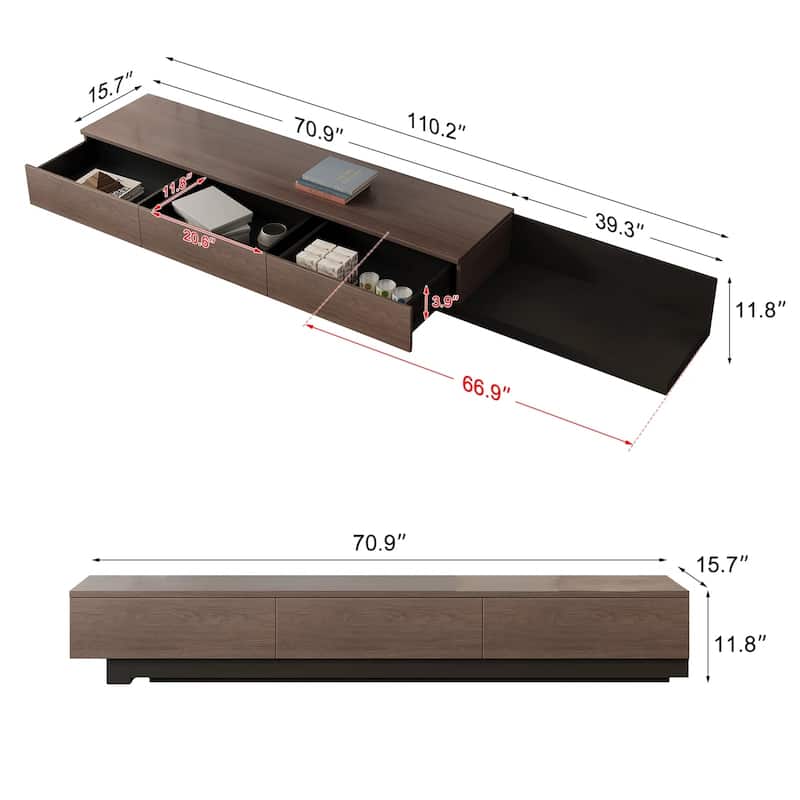 3-Drawers Retracted Extendable TV Stand Media Console In Stretch 70"- 110"