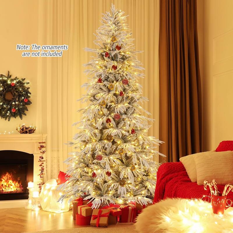 6/7/8 FT Pre-lit Artificial Christmas Tree Snow Flocked Xmas Tree