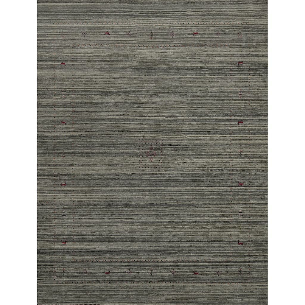 Hand Knotted Oriental 100% Wool Carpet Tribal Animal Pictorial Greys & Charcoal Gabbeh Area Rug - 9' 9'' X 8' 2''