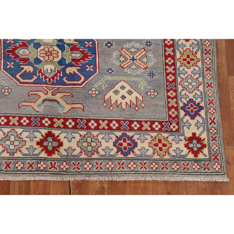 Gray Geometric Kazak Area Rug Hand-Knotted Wool Carpet - 5'2" x 6'7"