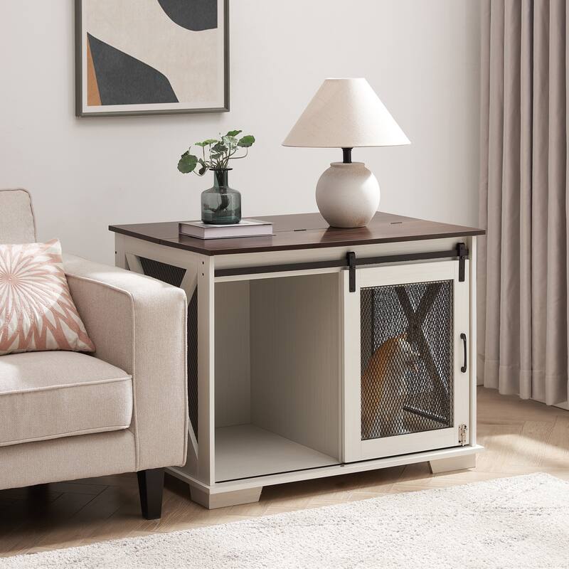 Farmhouse Dog Cage Crate Furniture with Sliding Barn Door, Farmhouse Wooden Dog Kennel End Table with Flip-top Plate