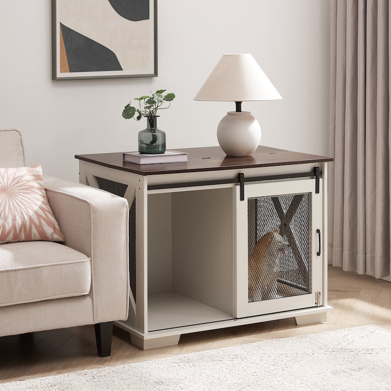 Farmhouse Dog Cage Crate with Sliding Door & Flip-top Plate