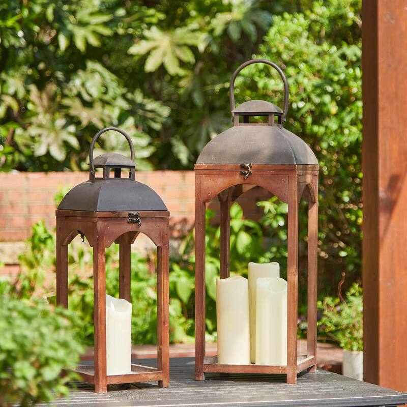 Glitzhome Set of 2 Farmhouse Church Style Hanging Candle Holders Wooden Lanterns Fall Wedding Decor