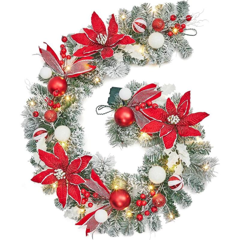 6FT Pre-Lit Christmas Battery Operated Xmas Garland, Red+Gold - N/A - Red