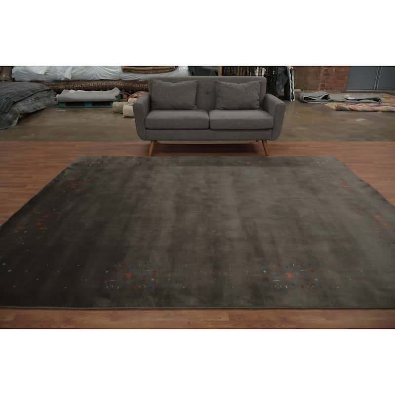 Hand Knotted Oriental Viscose Silk Carpet Tribal Animal Pictorial Brown Gabbeh Area Rug - 9' 7'' X 8' 0''