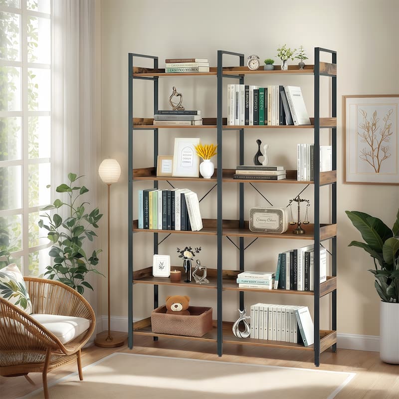 67" Industrial Chic Library Ladder - 6-Tier Open Bookcase with Steel Frame & Reclaimed Wood Shelves‌ - Black+Brown