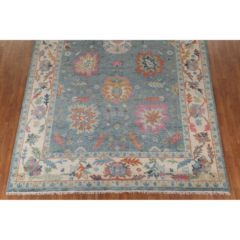 Blue Floral Oushak Oriental Area Rug Handmade Wool Carpet - 8'8"x 12'0"