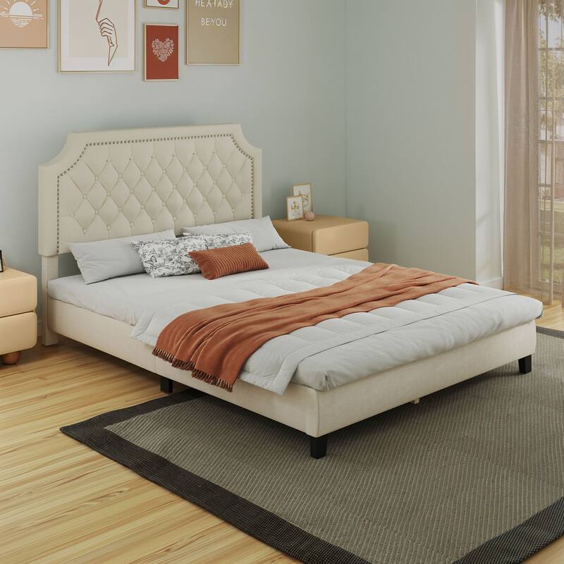 Moasis Upholstered Tufted Bed Frame with Adjustable Height Headboard - Velvet Beige - Queen
