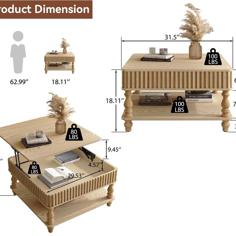 Rustic Style Lift-Top Coffee Table with Hidden & Open Storage